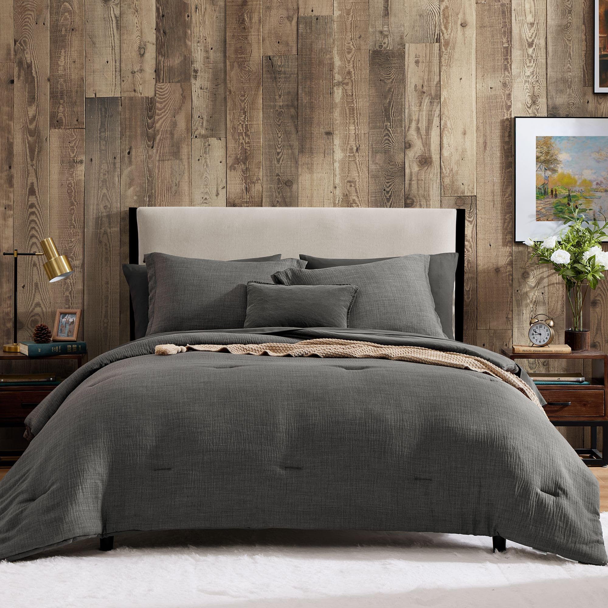 Geniospin King Comforter Set - 7 Pieces Comforter King Size, Soft Solid Bedding Set For All Season, Textured Bed In A Bag With F